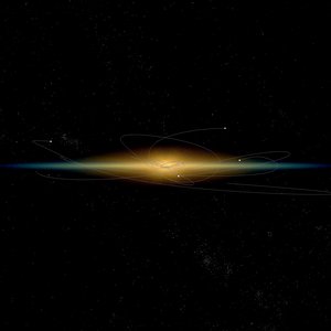 thin blue line horizontally in the centre of the picture, golden thickening in the middle; various curved lines with a small dot at the end